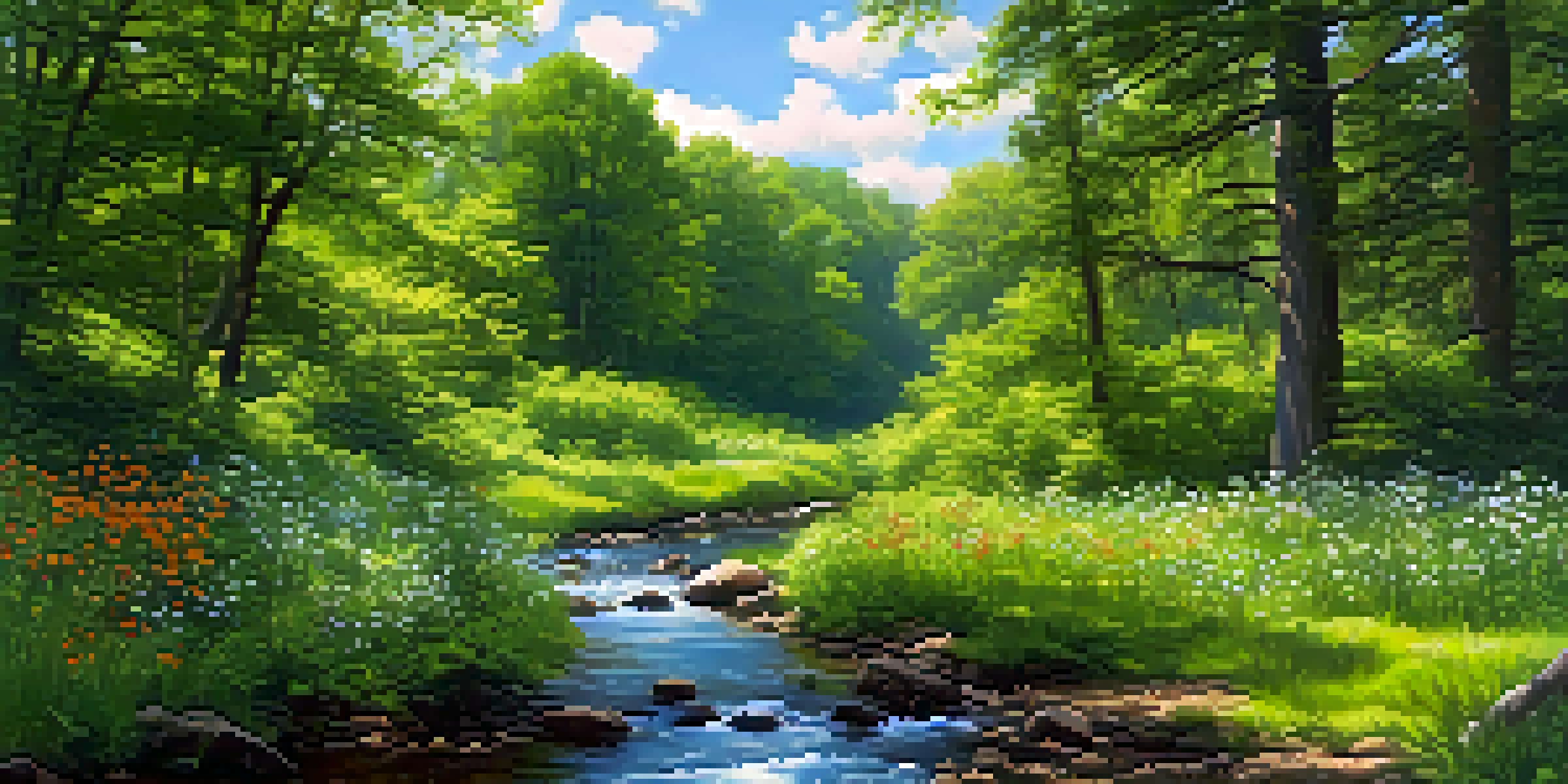 A peaceful forest scene with a flowing stream, colorful wildflowers, and a bright blue sky.