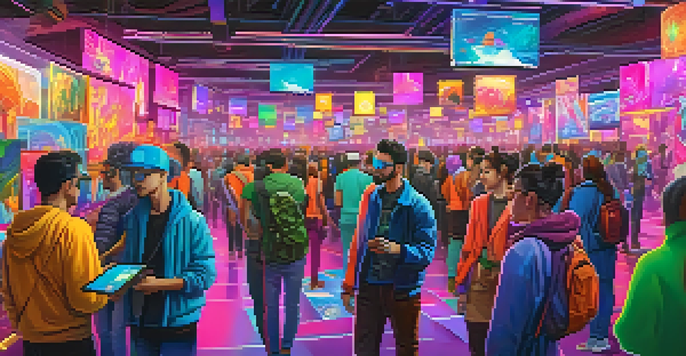 A colorful digital art scene of an NFT marketplace with users interacting and exploring unique artworks.