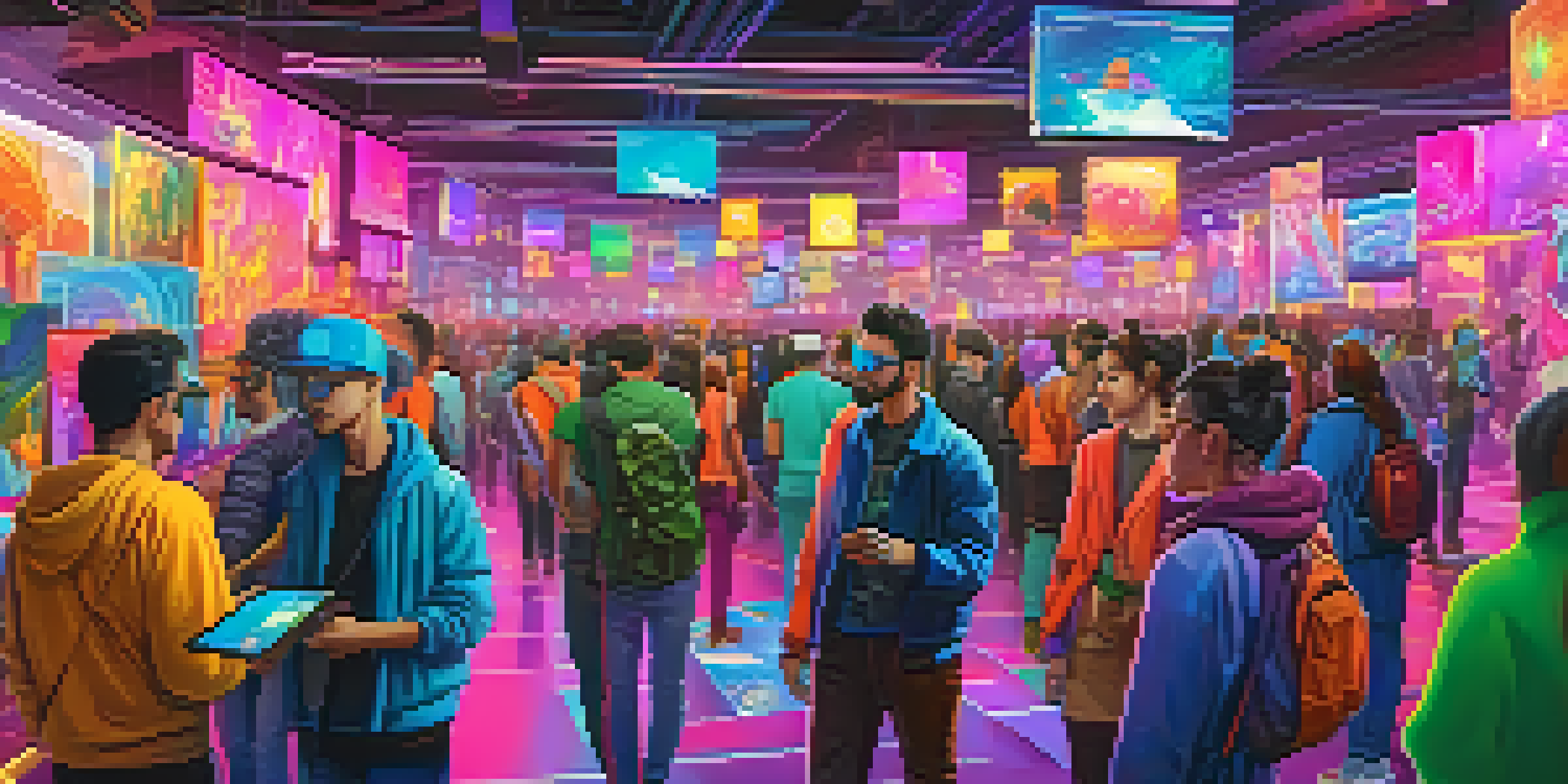 A colorful digital art scene of an NFT marketplace with users interacting and exploring unique artworks.