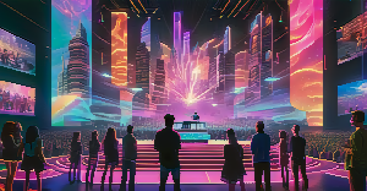 A virtual concert in the metaverse with a performer and avatars, illuminated by colorful lights and holographic visuals.