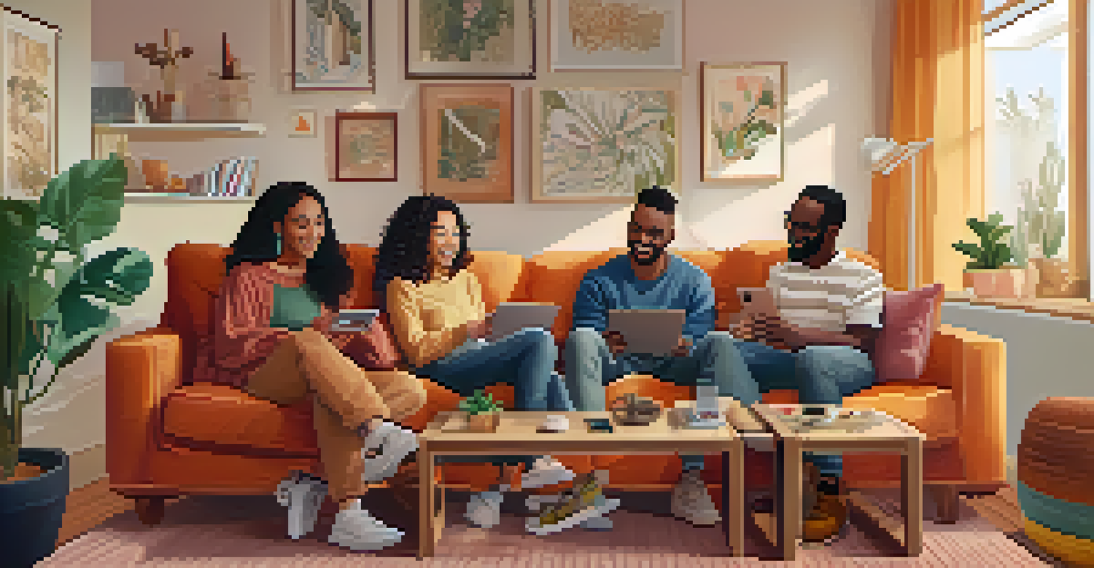 A cozy living room with friends discussing their favorite NFTs on tablets and smartphones, surrounded by warm decor.