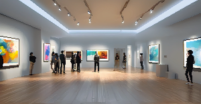 A lively virtual gallery showcasing digital art with users in avatars engaging and discussing the artworks.