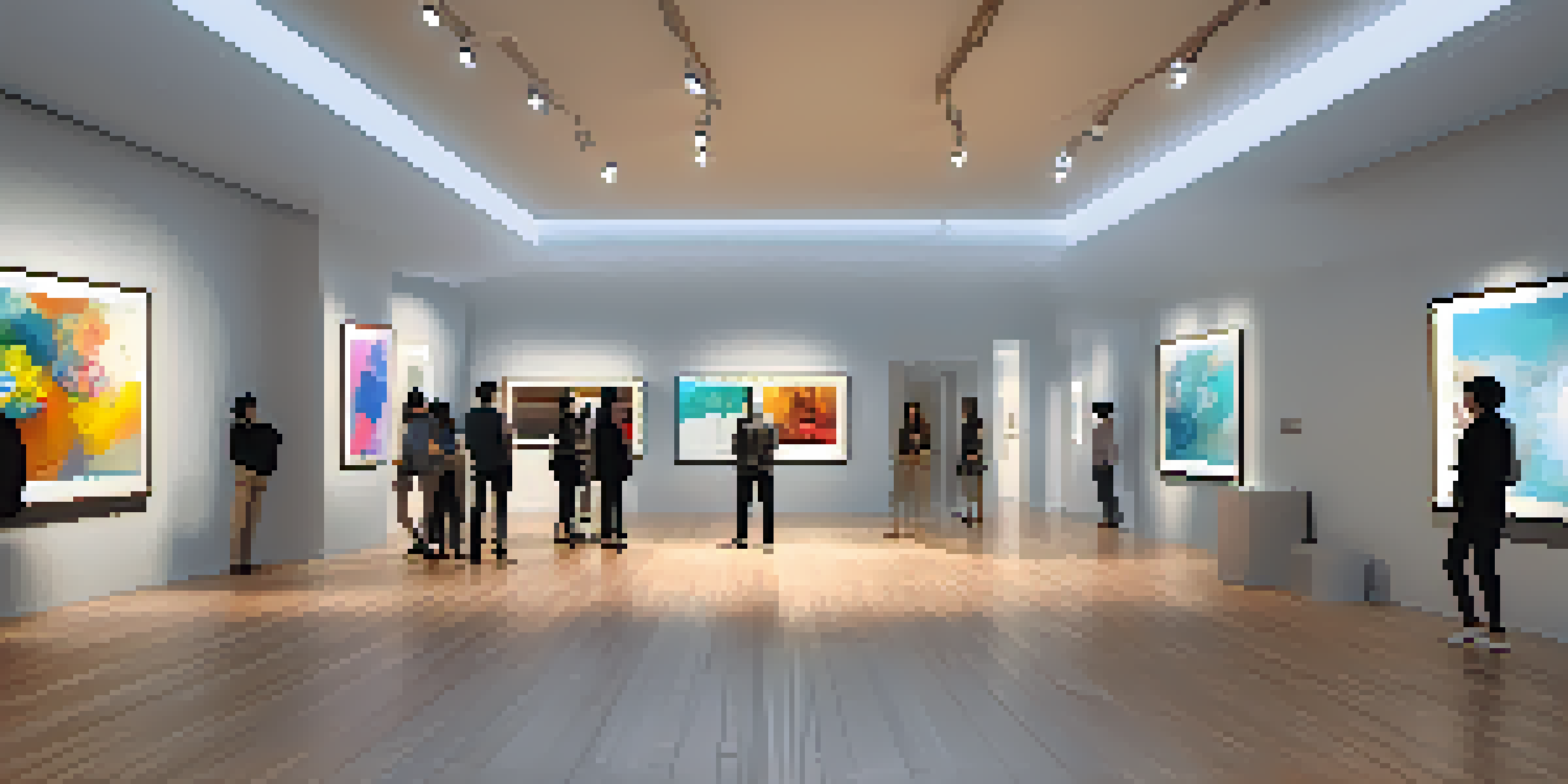 A lively virtual gallery showcasing digital art with users in avatars engaging and discussing the artworks.