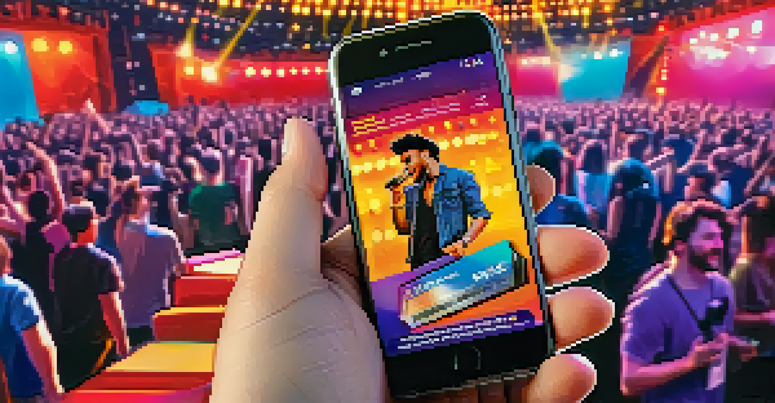 A musician holding a smartphone displaying a limited edition NFT concert ticket, with a concert scene in the background.