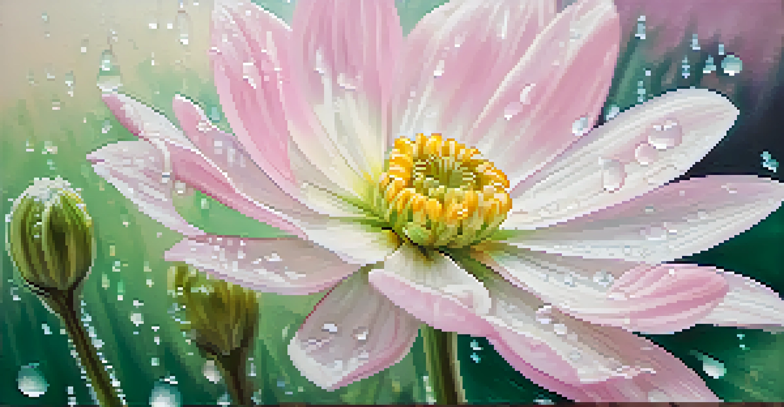 A close-up view of a pink and white blooming flower with dew on its petals.