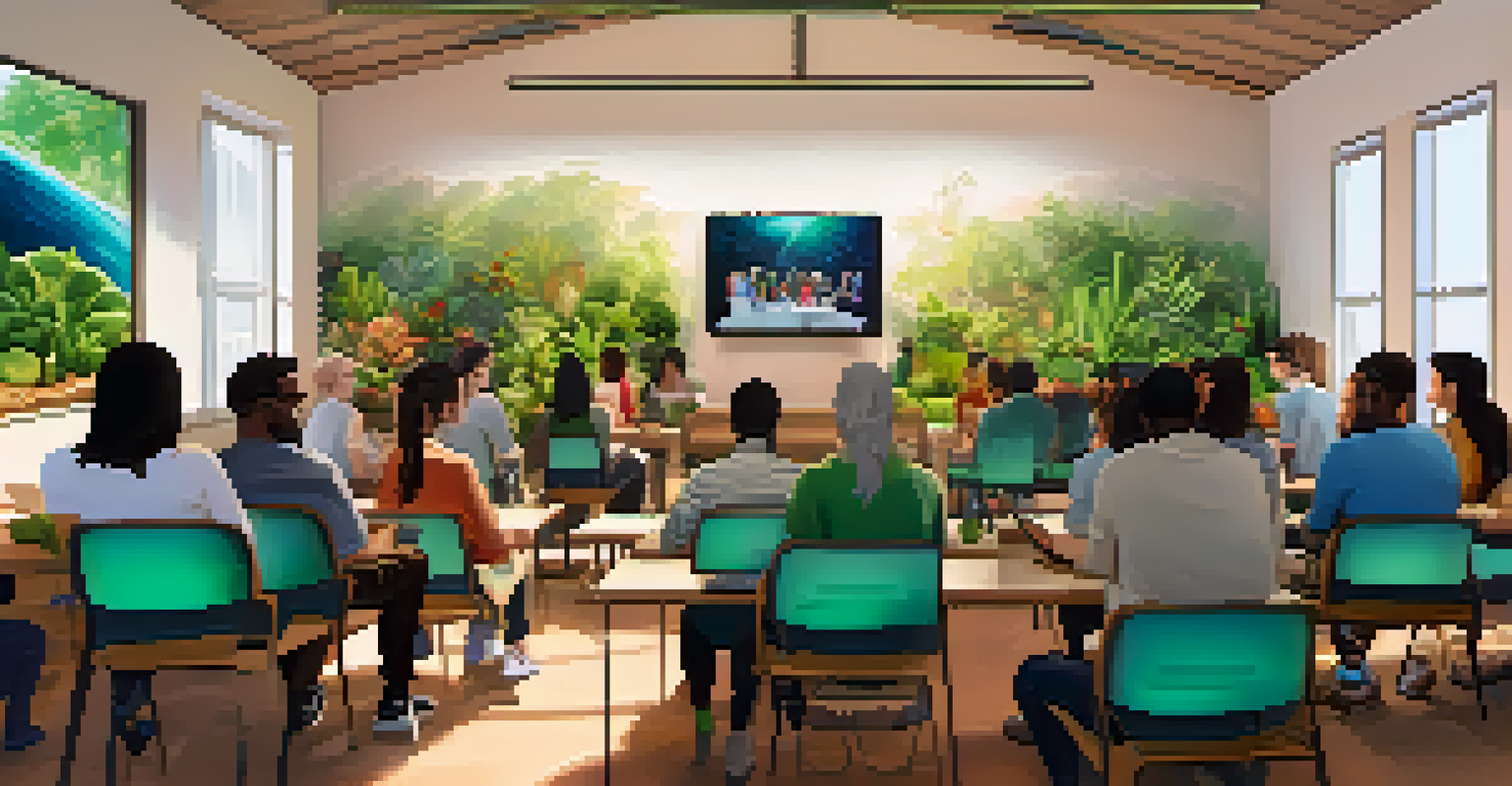 A virtual community meeting with individuals connecting over laptops, showcasing digital art for an environmental cause in a bright room filled with plants.