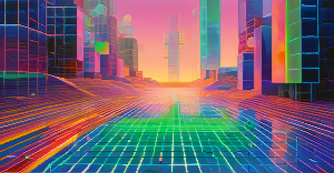 A colorful abstract representation of NFTs in a digital landscape, with floating art pieces and a blockchain grid.