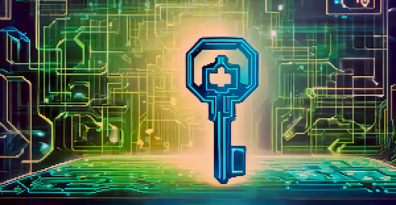 An artistic depiction of a digital key with blockchain elements, representing NFT ownership.