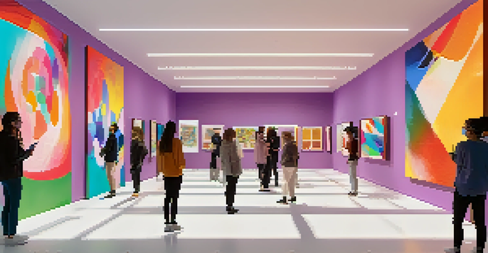 A digital art gallery filled with people admiring colorful NFTs and scanning QR codes.
