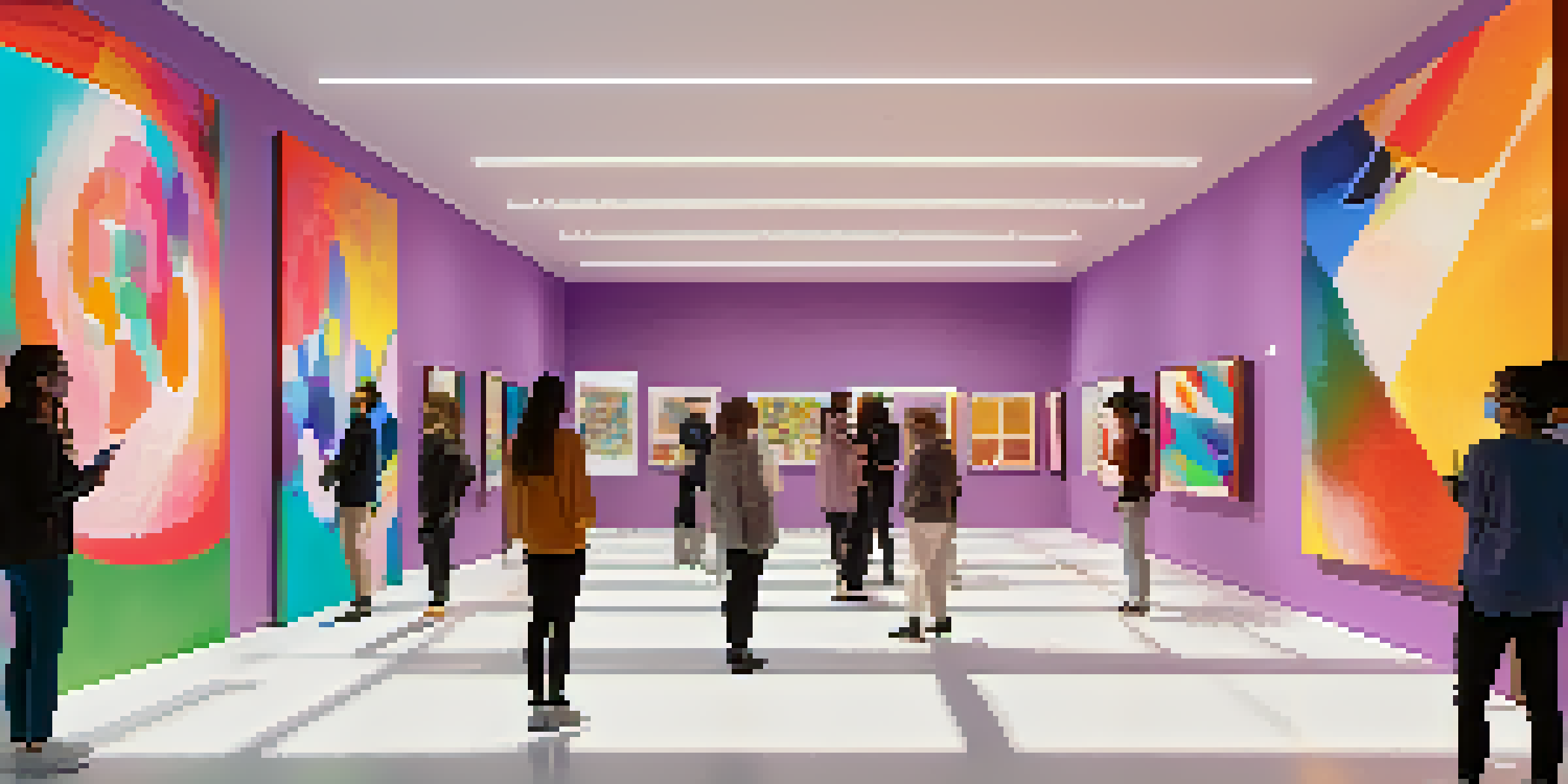 A digital art gallery filled with people admiring colorful NFTs and scanning QR codes.