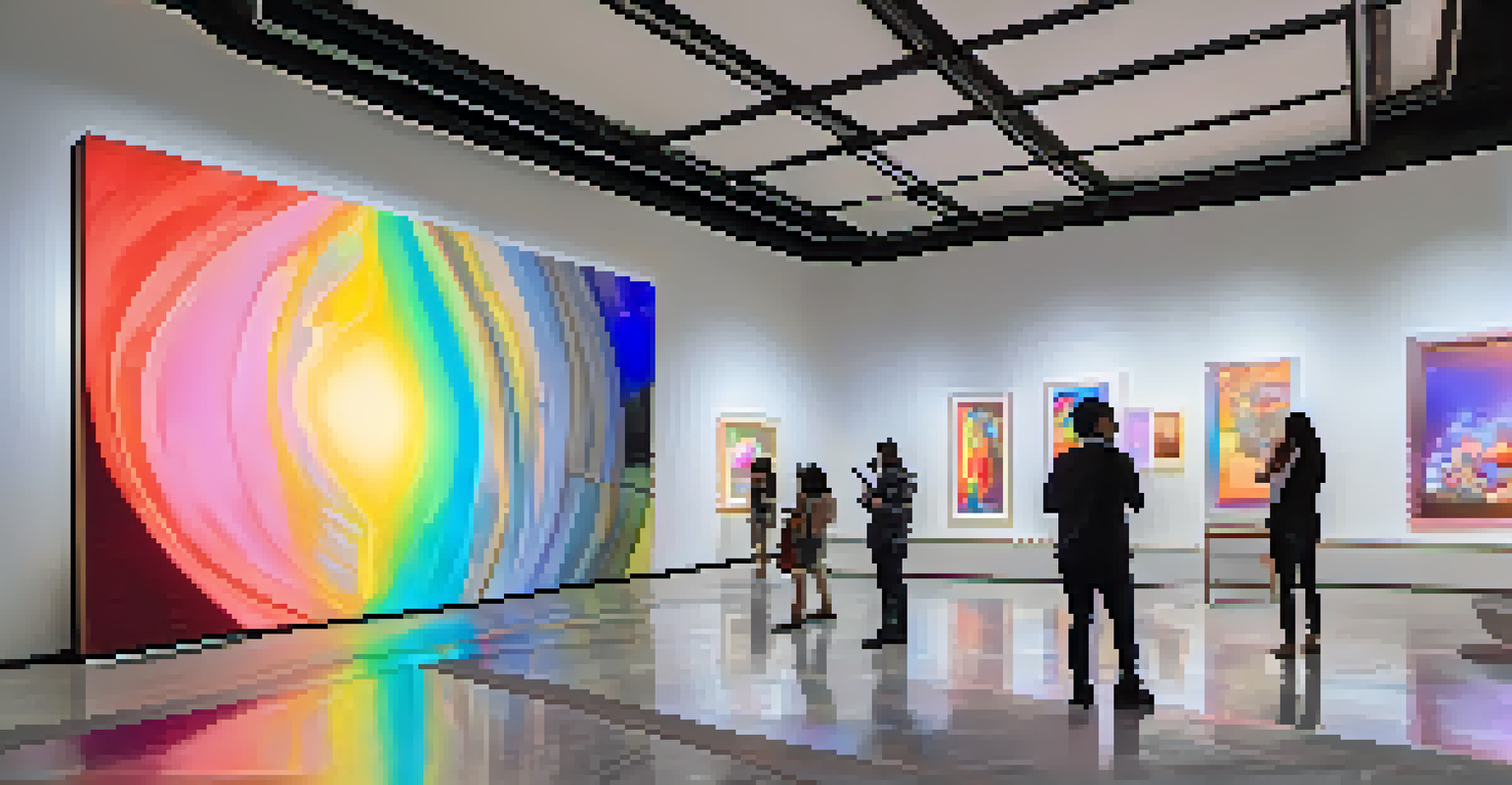 An art exhibit showcasing augmented reality installations, with visitors interacting with digital art in a vibrant gallery space filled with colorful paintings.