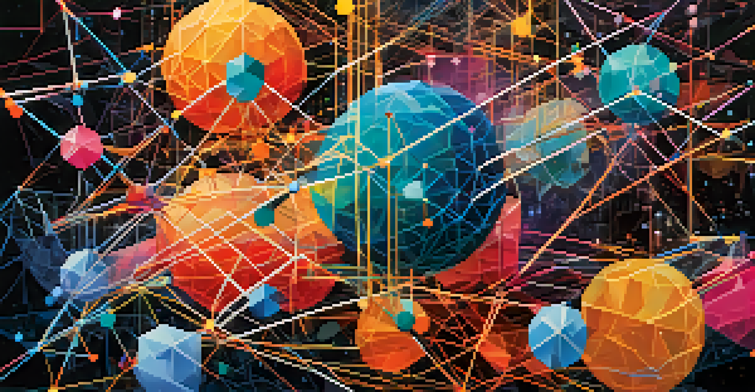 An abstract representation of a blockchain network with vibrant colors and artistic elements, symbolizing the connection between art and technology.