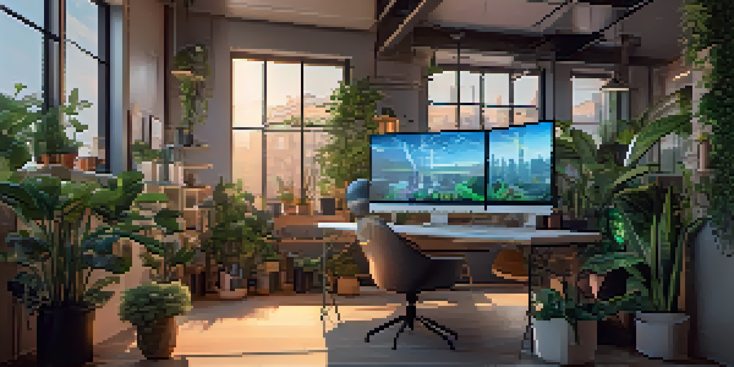 A cozy digital artist's workspace with a computer showing architectural designs, surrounded by plants and modern decor.