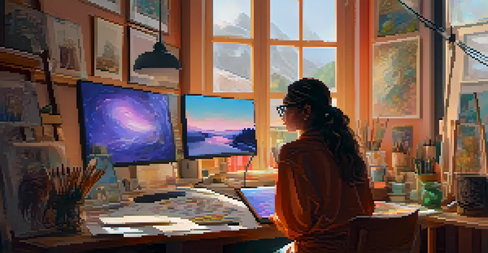 A digital artist working in a colorful studio, surrounded by screens displaying NFTs and art supplies.