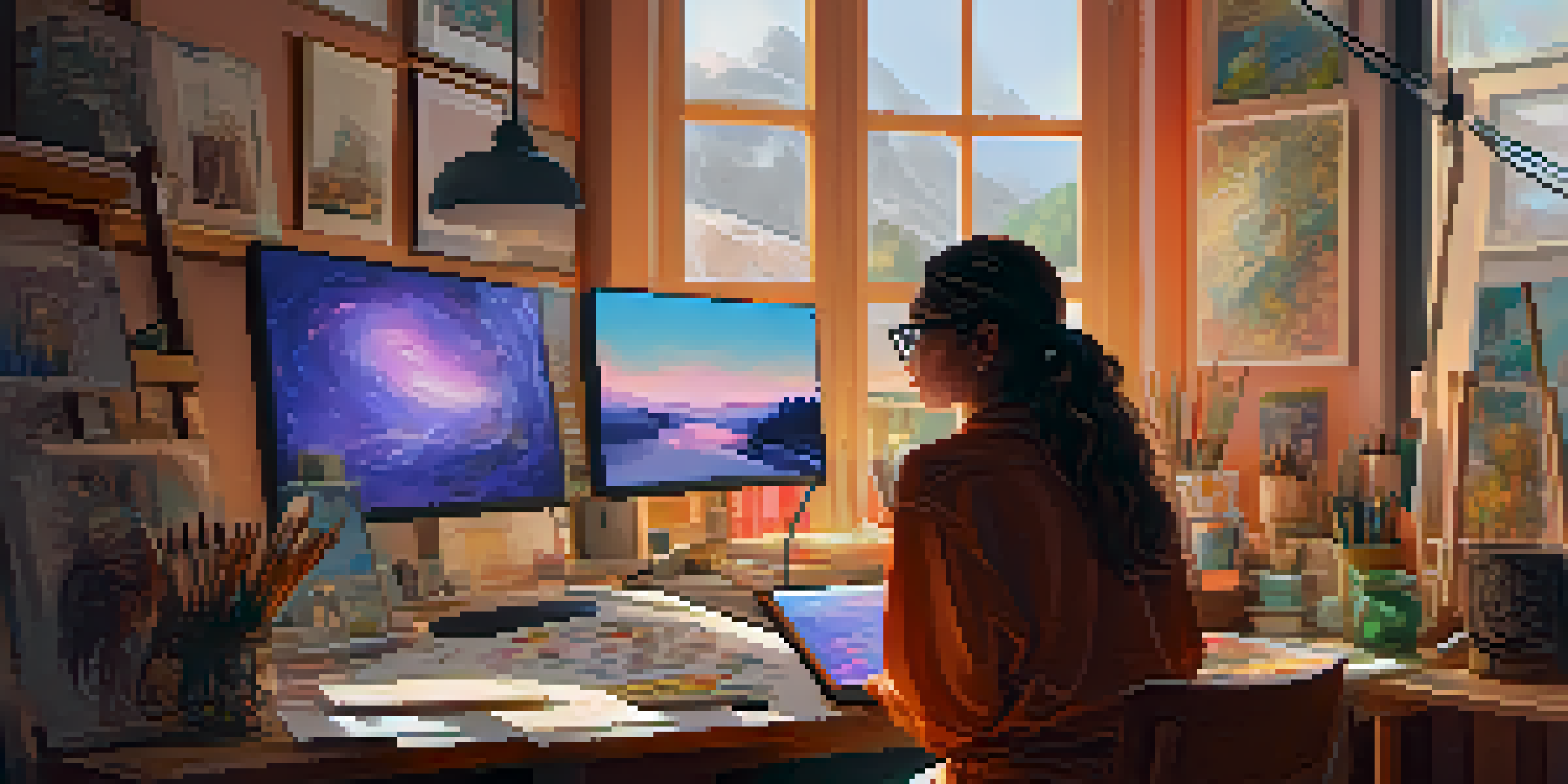 A digital artist working in a colorful studio, surrounded by screens displaying NFTs and art supplies.