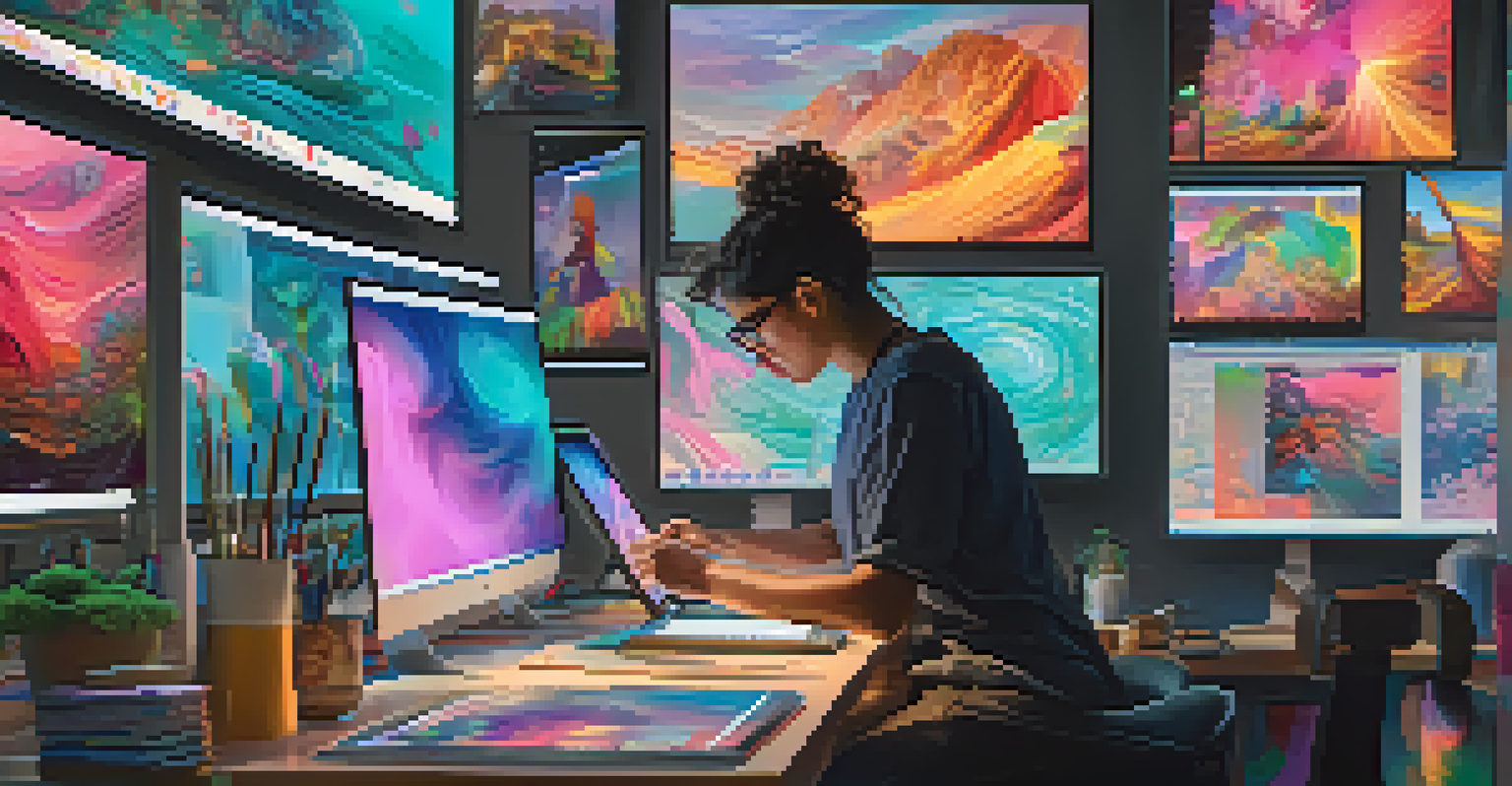A digital artist working in a creative space, surrounded by screens showing colorful NFT art and tools.
