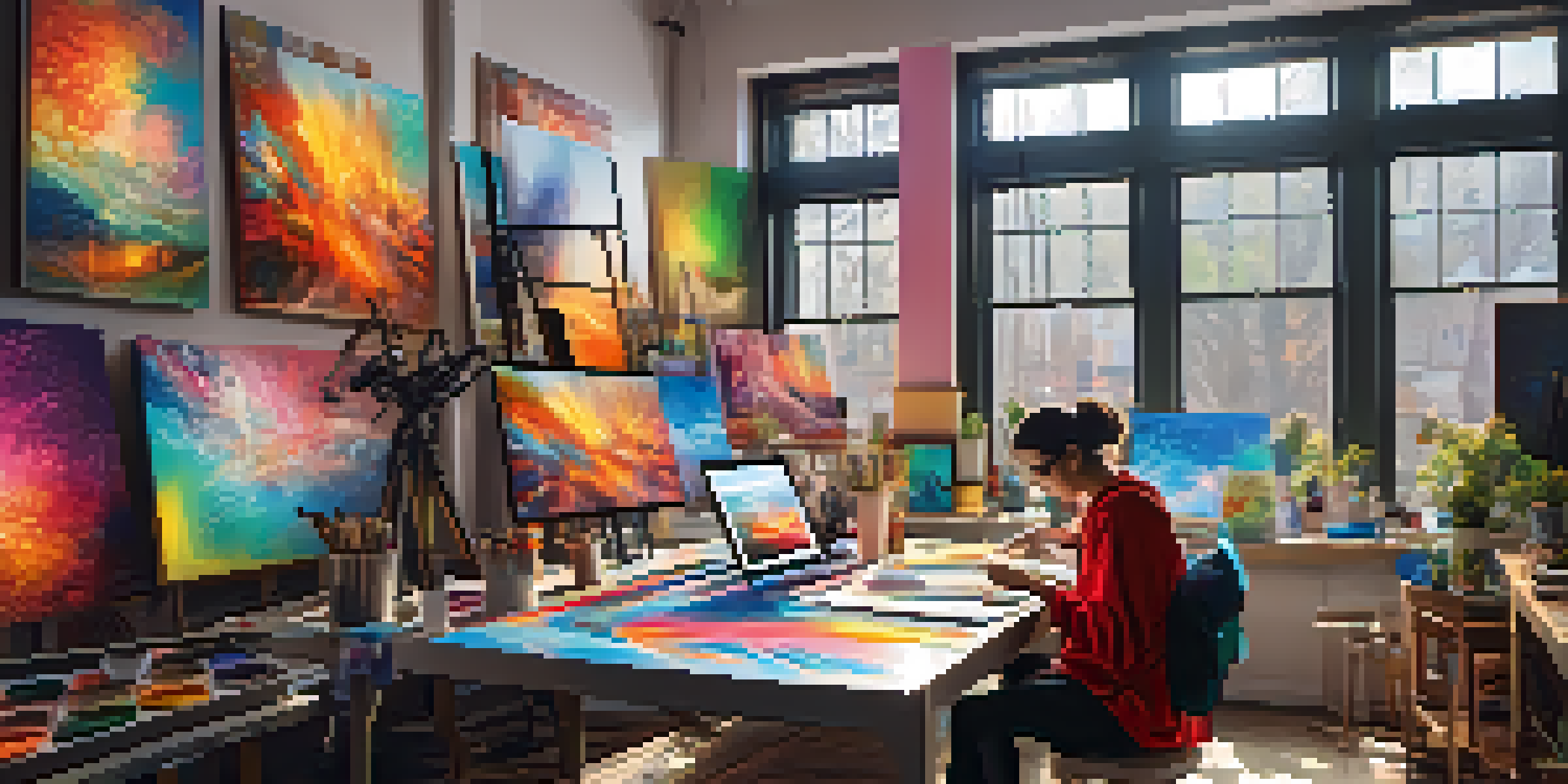 A digital art studio with colorful NFT artworks and an artist using a tablet.