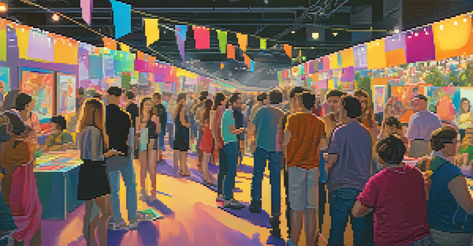 A lively community gathering at an NFT exhibition, showcasing artists and fans interacting with colorful displays and art installations.