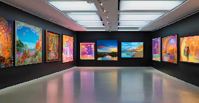 A digital art gallery with diverse NFT artworks displayed on large screens, illuminated by soft lighting. Artists engage in discussions, surrounded by colorful digital paintings.