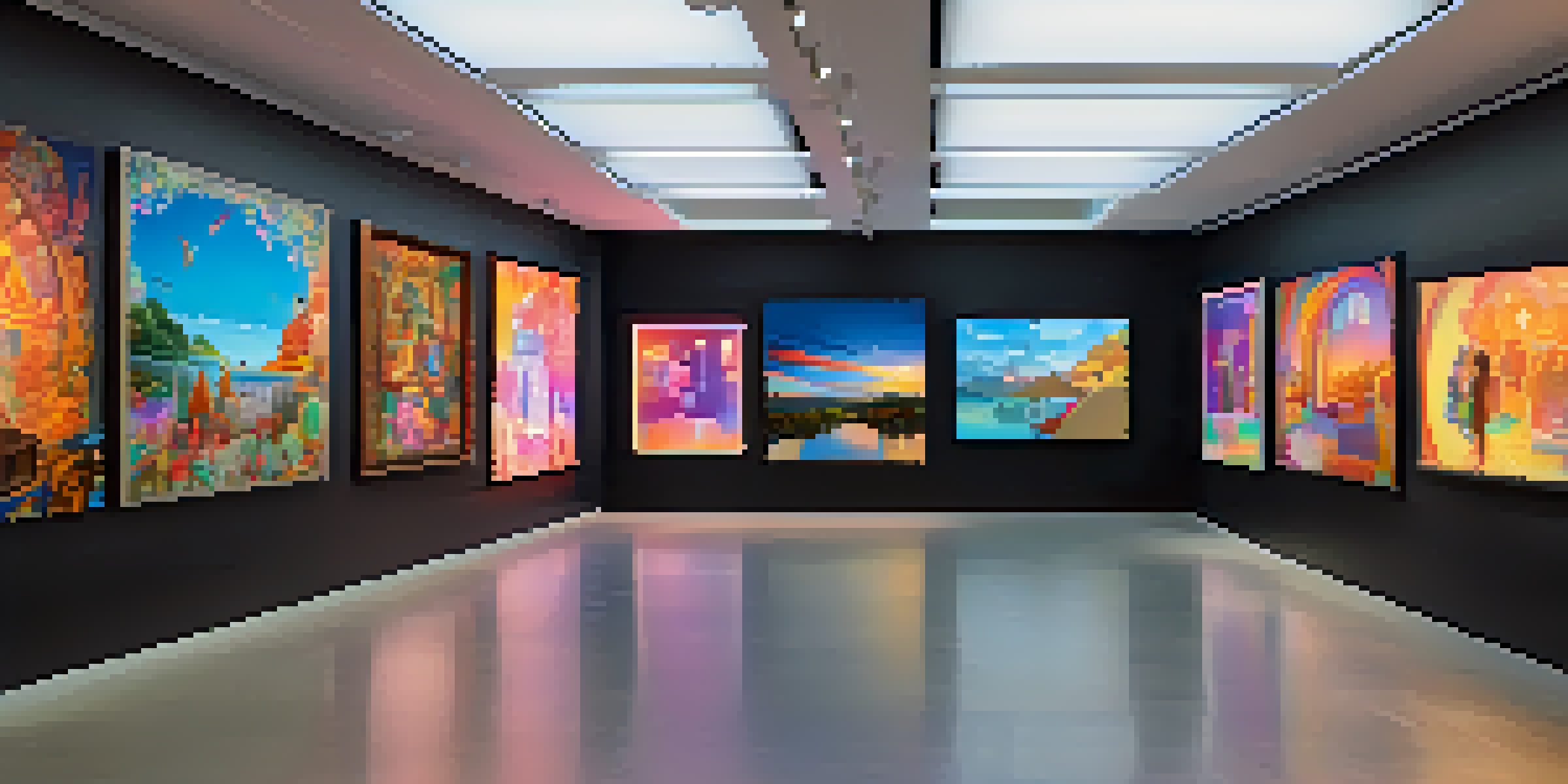 A digital art gallery with diverse NFT artworks displayed on large screens, illuminated by soft lighting. Artists engage in discussions, surrounded by colorful digital paintings.
