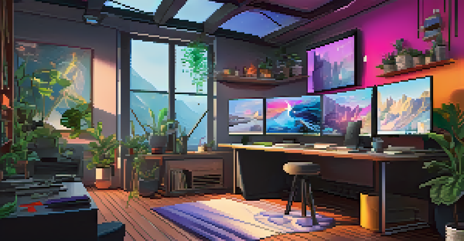 A creative workspace with multiple screens showcasing NFT designs and colorful palettes, filled with plants and natural light.
