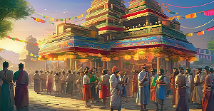 A colorful depiction of an ancient festival with people in traditional attire, illuminated by warm lights and featuring historic landmarks.