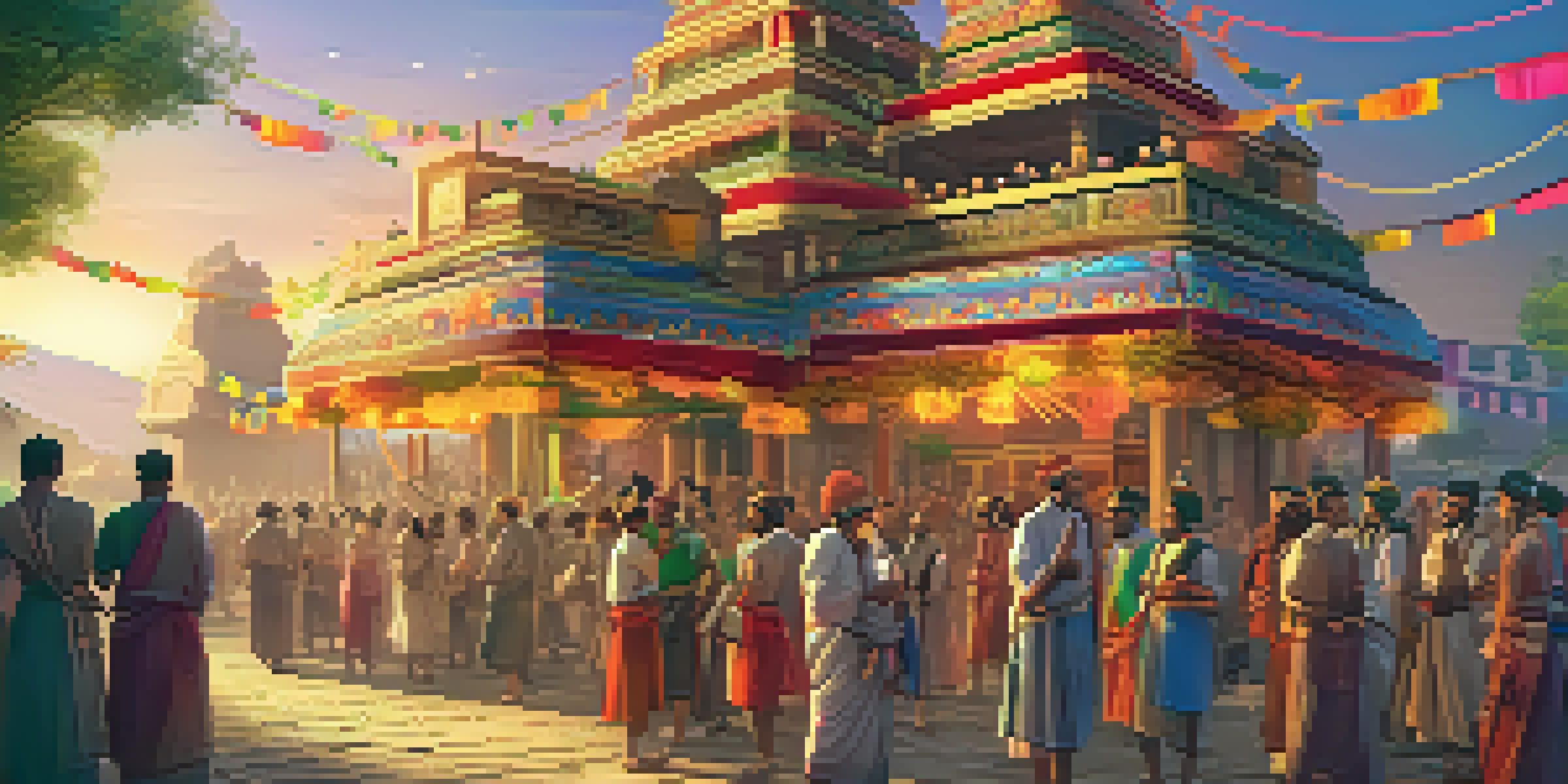 A colorful depiction of an ancient festival with people in traditional attire, illuminated by warm lights and featuring historic landmarks.