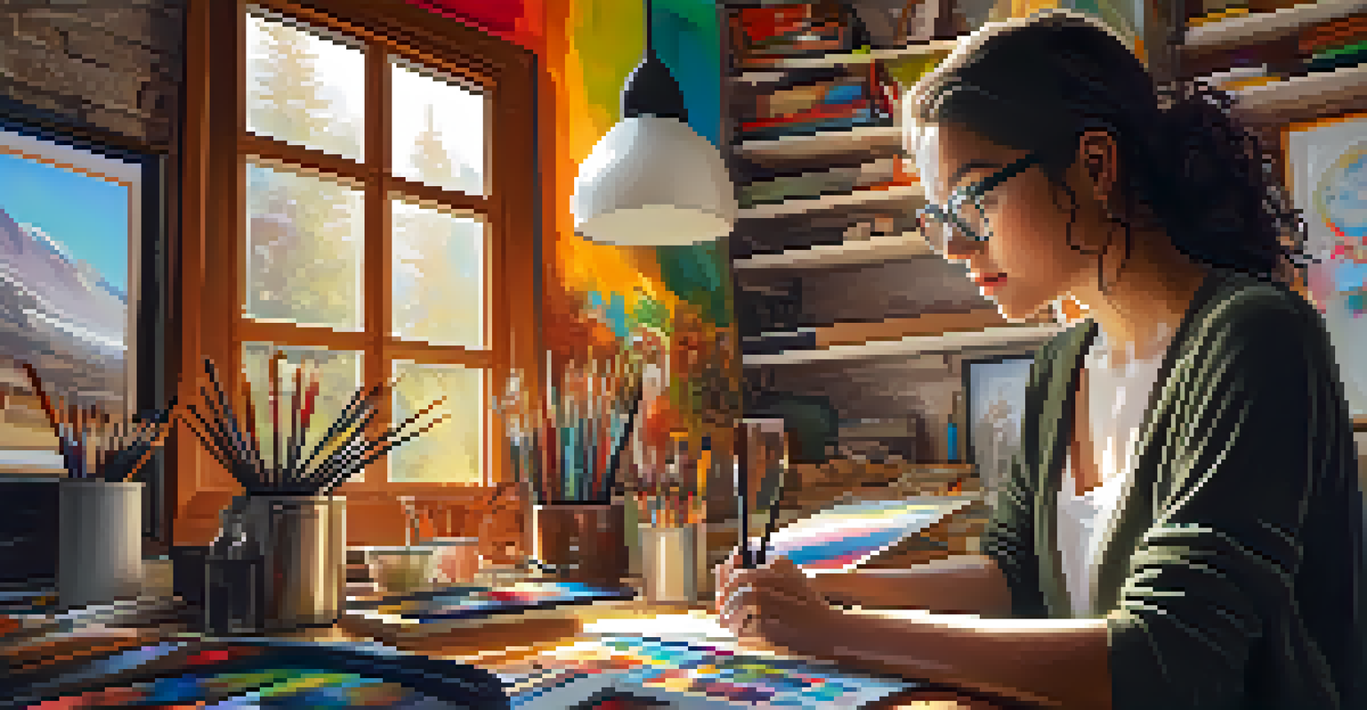 An artist in a cozy studio painting on a tablet, surrounded by traditional art supplies, illuminated by natural light.