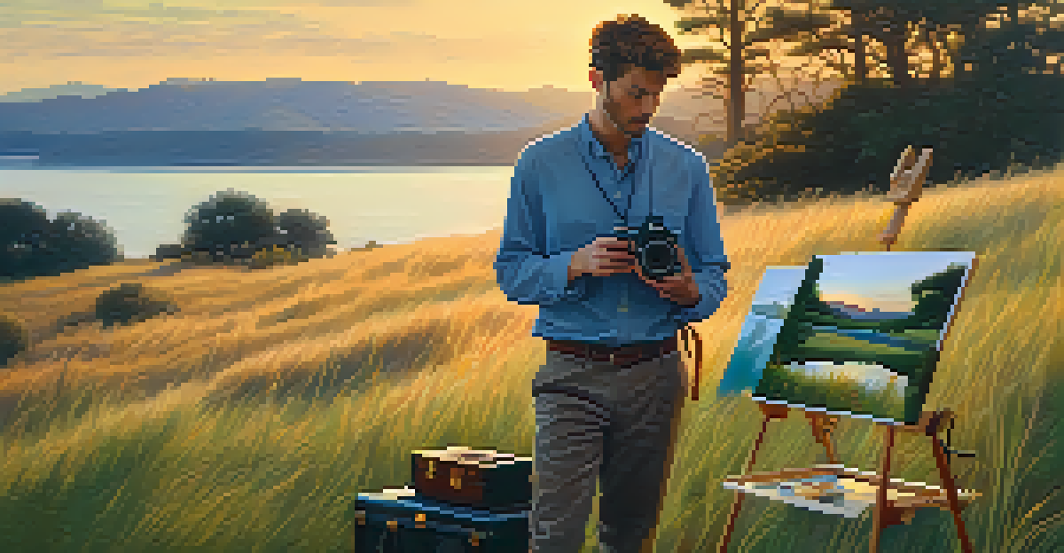 A photographer in a golden hour setting, taking pictures of nature, with traditional prints displayed on the grass.