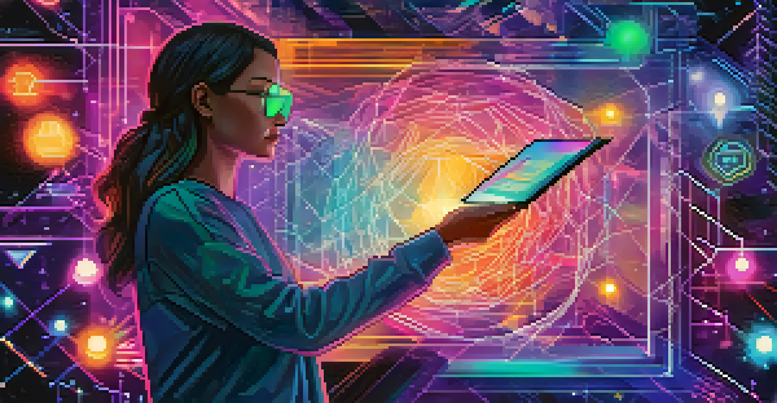 A person holding a glowing holographic NFT certificate with abstract blockchain technology in the background.