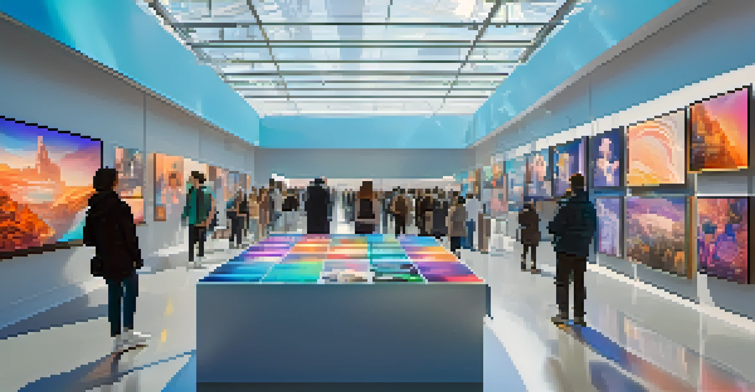 A modern digital marketplace displaying NFTs with collectors engaging with holographic art.