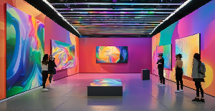 A virtual art gallery filled with colorful abstract digital artworks, where visitors interact with the pieces using virtual reality headsets.