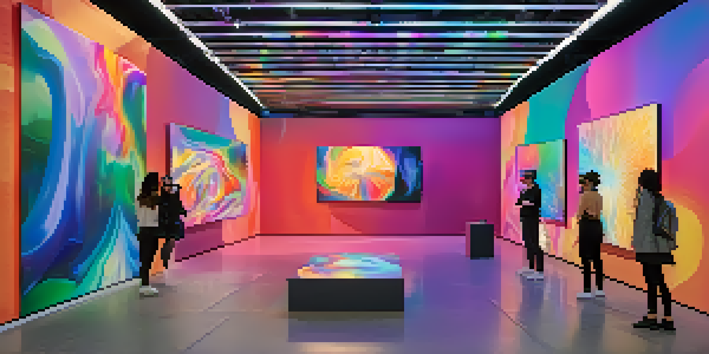 A virtual art gallery filled with colorful abstract digital artworks, where visitors interact with the pieces using virtual reality headsets.