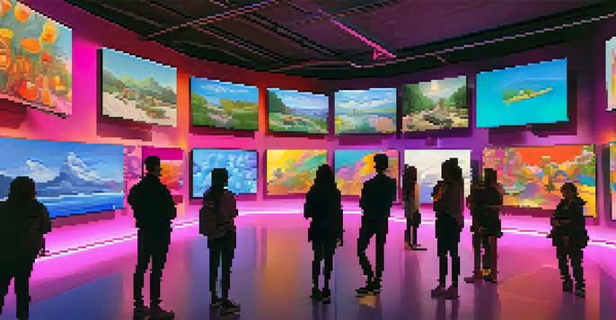 A digital art gallery filled with people admiring NFTs on display screens under soft ambient lighting.