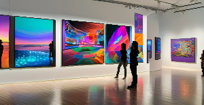 A digital art gallery with various NFT artworks displayed on screens, featuring colorful abstract designs and pixel art, with visitors admiring the pieces.