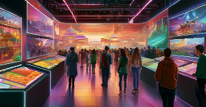 A lively digital art marketplace with people exploring colorful digital artworks, set against a futuristic skyline.