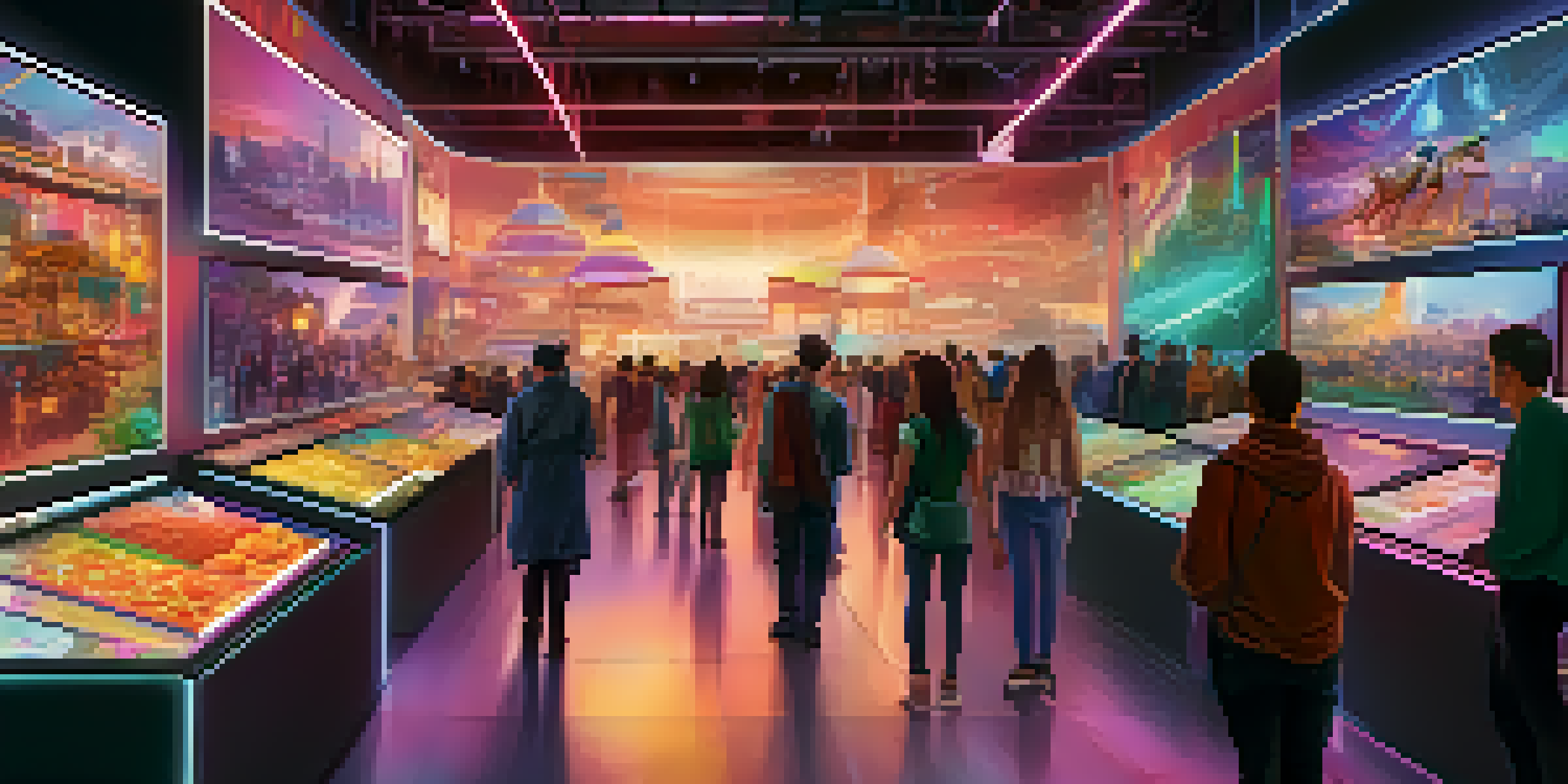 A lively digital art marketplace with people exploring colorful digital artworks, set against a futuristic skyline.