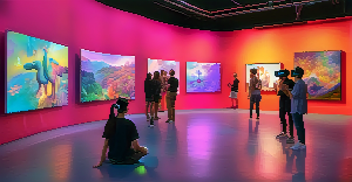 A virtual reality art gallery filled with colorful NFT artworks and avatars interacting with the pieces.
