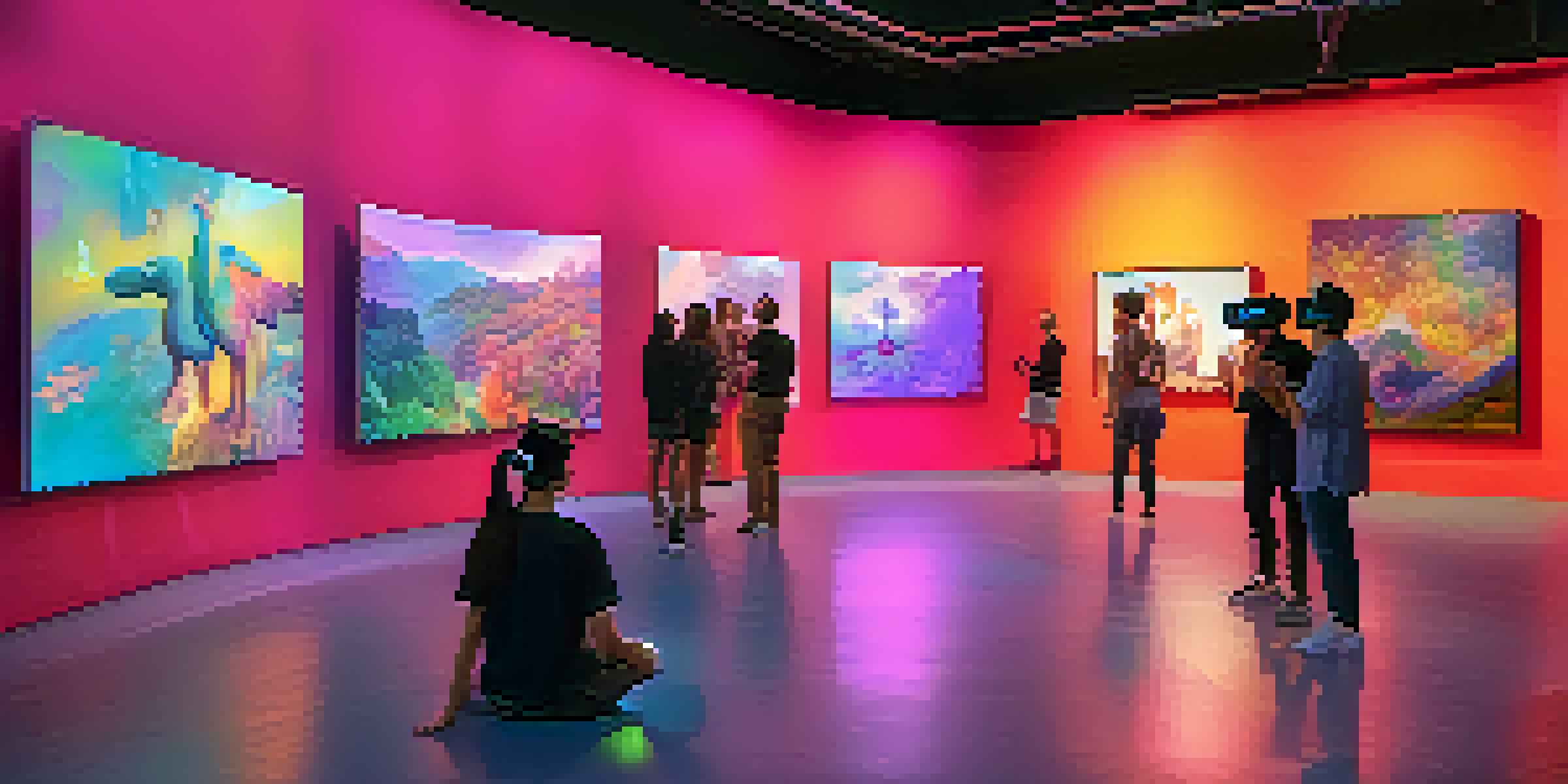 A virtual reality art gallery filled with colorful NFT artworks and avatars interacting with the pieces.