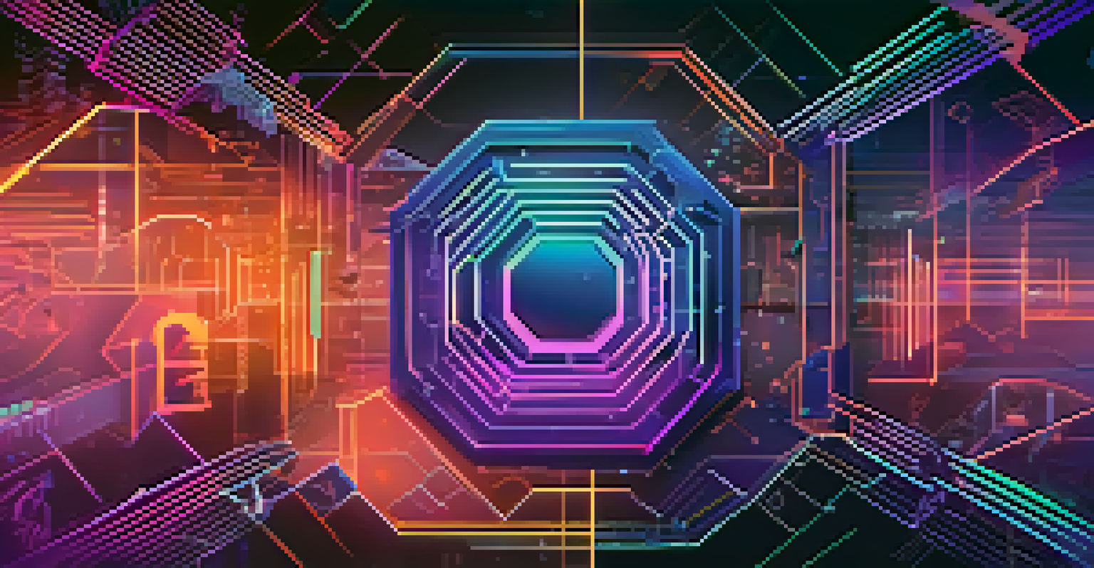 An abstract image showcasing NFTs with a digital artwork on a canvas and blockchain symbols.