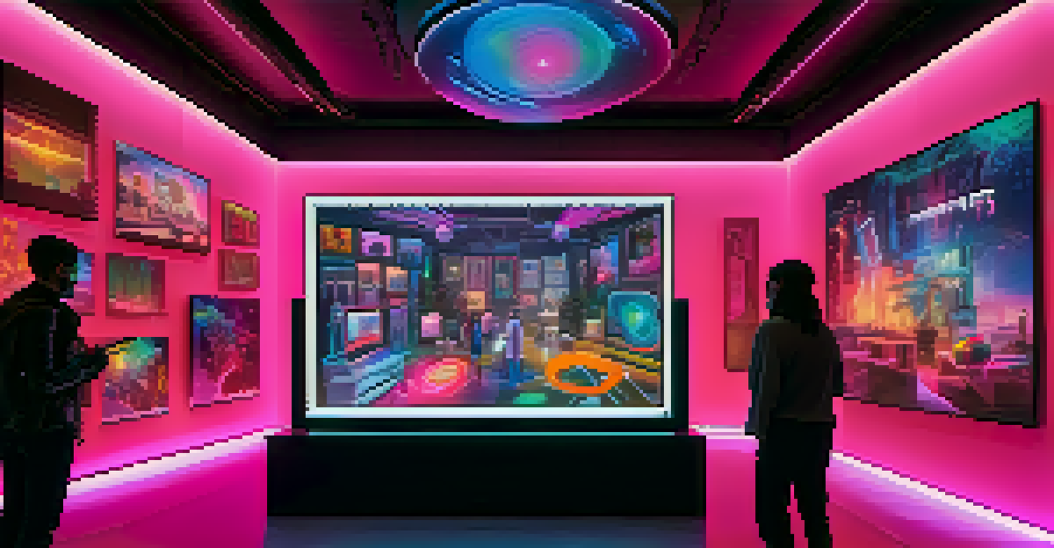 A modern gallery displaying holographic NFTs with visitors interacting using AR technology.