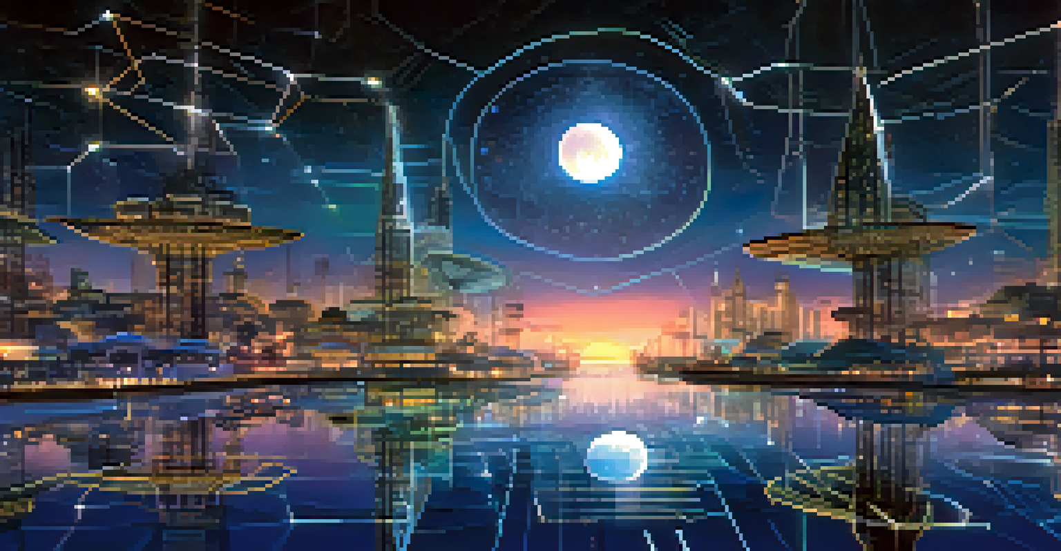 An illustration of interconnected NFT platforms, represented as unique islands linked by glowing bridges under a starry night sky.