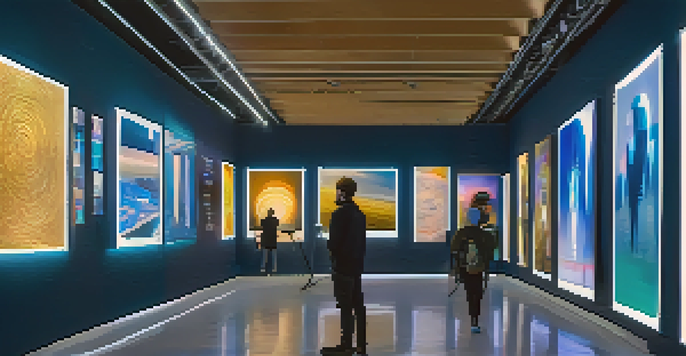 A digital art gallery with screens displaying various NFTs, illuminated by soft ambient lighting.