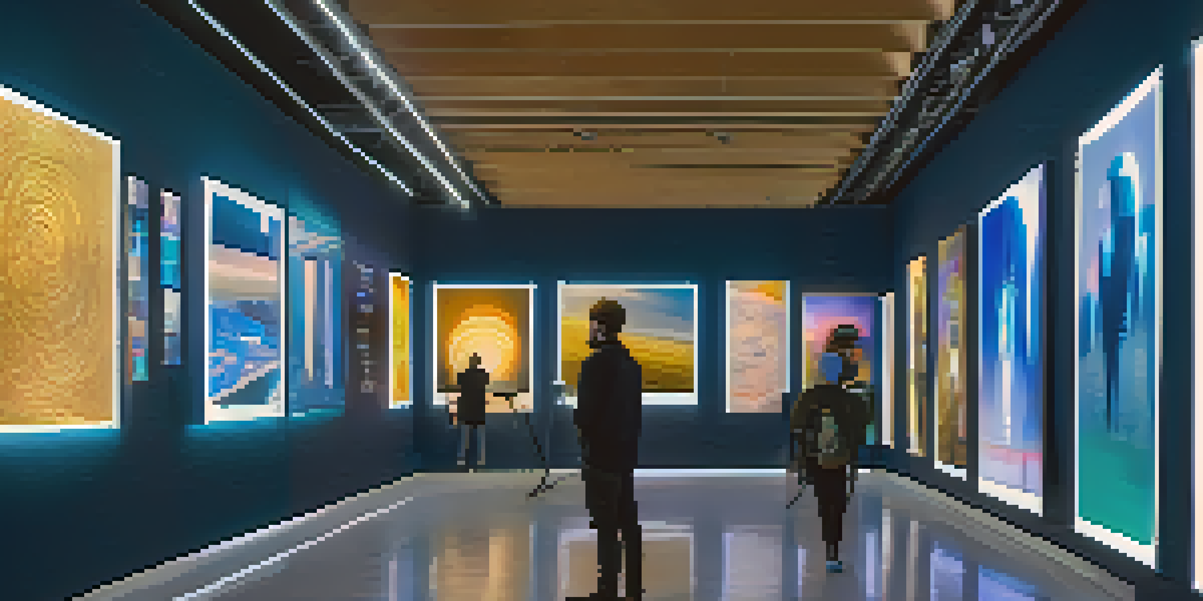 A digital art gallery with screens displaying various NFTs, illuminated by soft ambient lighting.