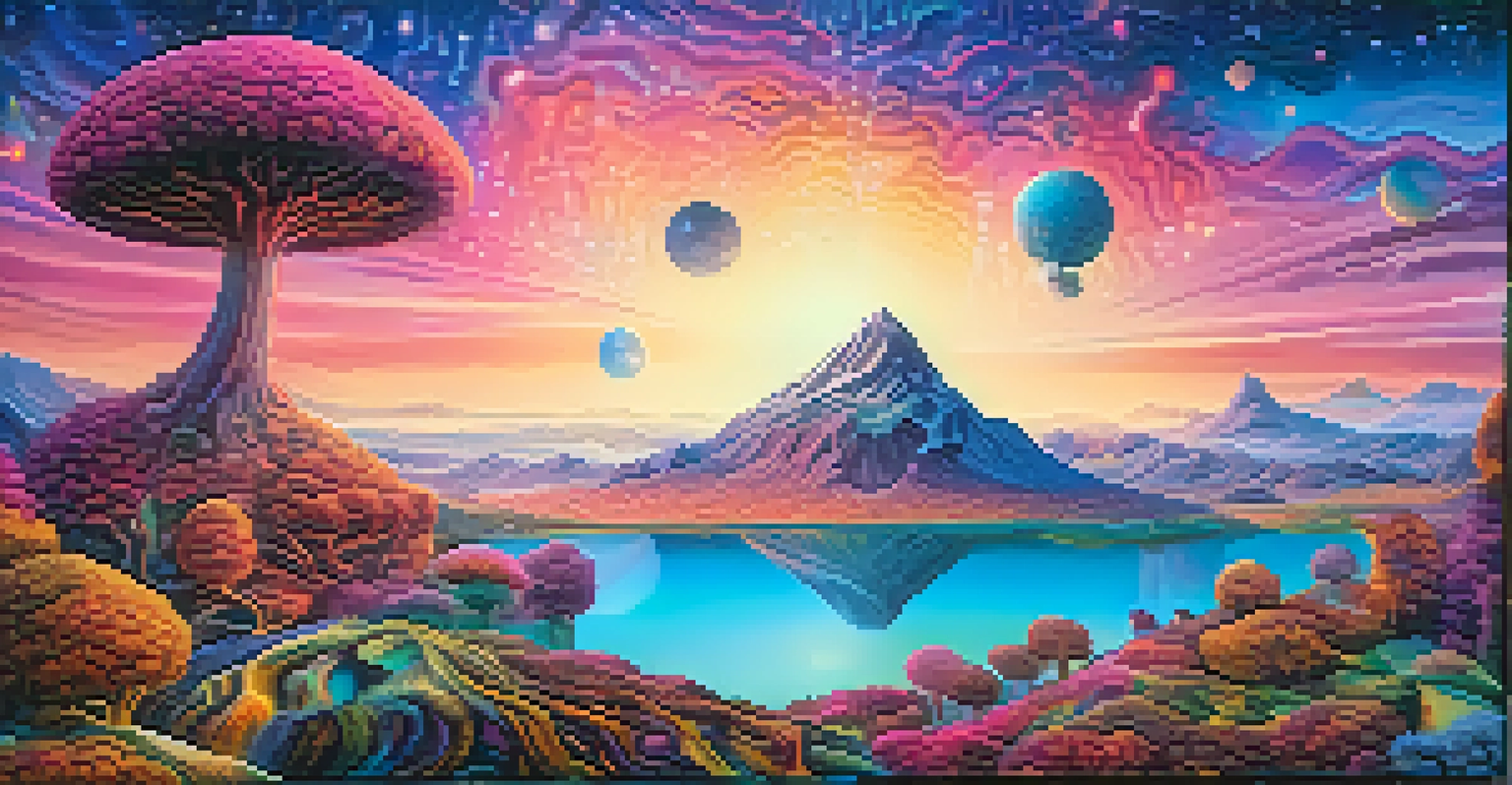 A close-up of a surreal NFT artwork with vivid colors and holographic effects in an art studio.