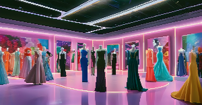 A virtual fashion runway displaying digital dresses as NFTs, with colorful lights and avatars in the audience.