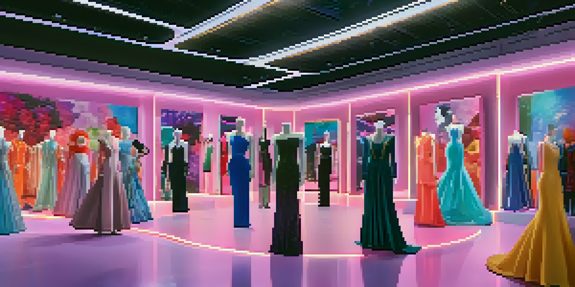 A virtual fashion runway displaying digital dresses as NFTs, with colorful lights and avatars in the audience.