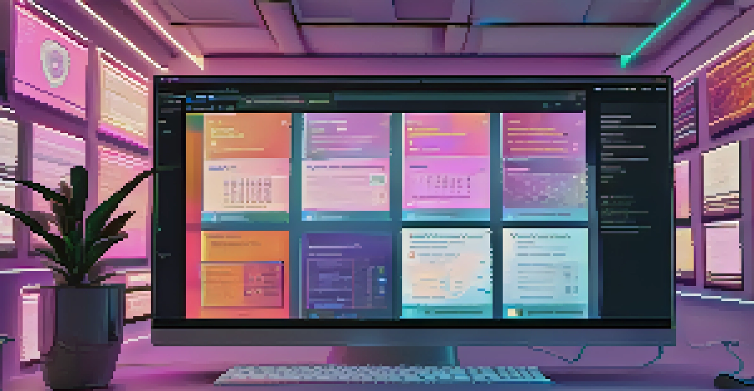 A smart contract interface on a computer screen with various NFTs in digital frames, set in a modern, warmly lit art studio.