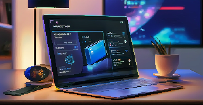 A modern digital wallet on a desk exhibiting glowing NFTs on its screen, surrounded by a tech-inspired room with blue lighting.