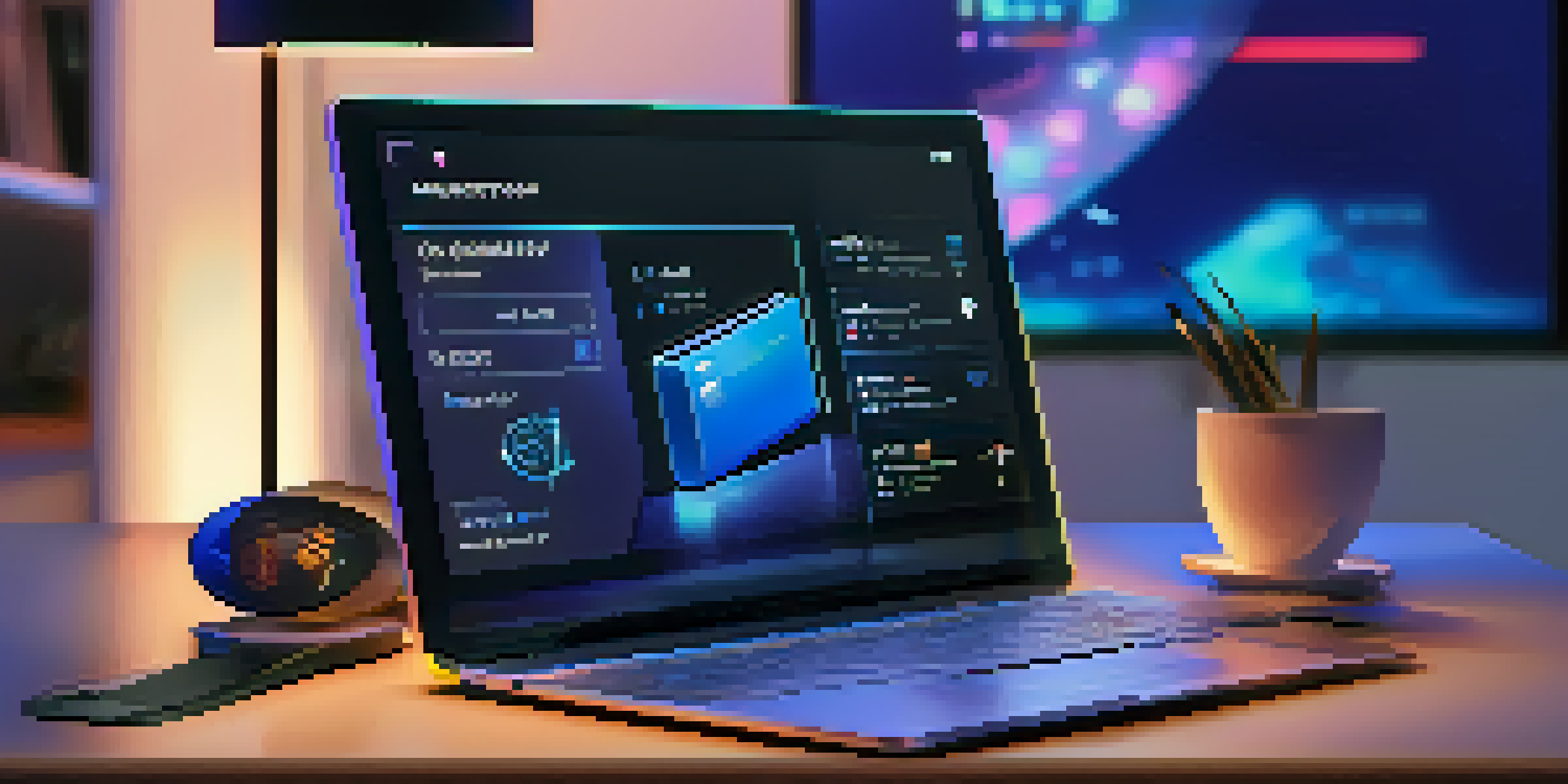 A modern digital wallet on a desk exhibiting glowing NFTs on its screen, surrounded by a tech-inspired room with blue lighting.